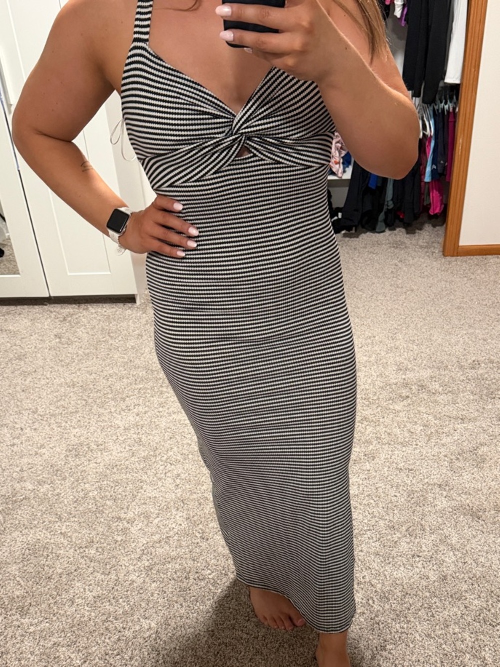 T.J.Maxx Black & White Striped Twist-Front Maxi Dress